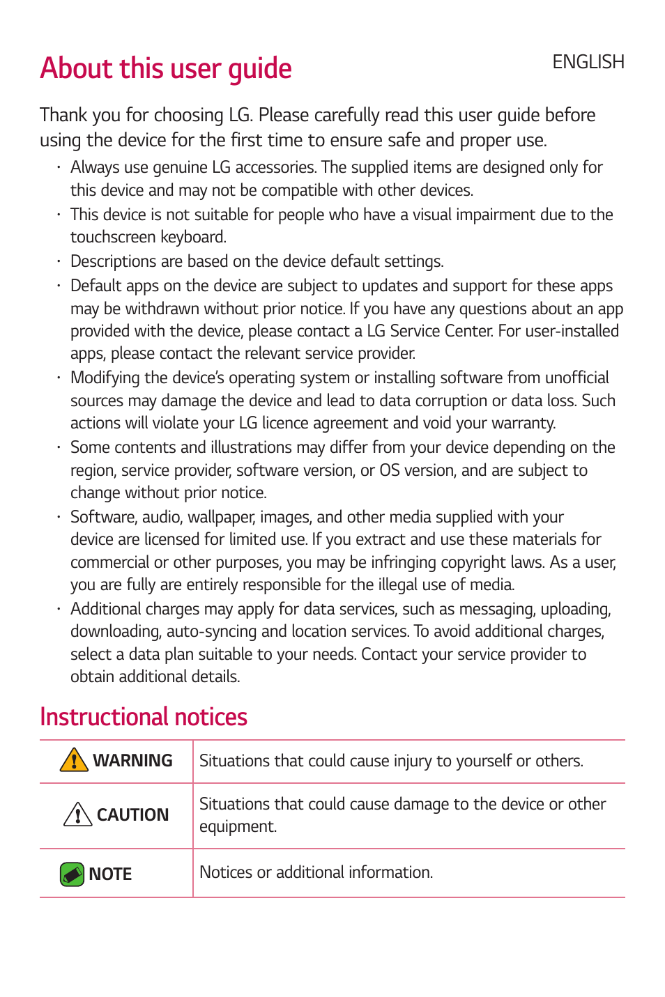 About this user guide, Instructional notices, English | LG Stylo 2 Plus LG-K550 User Manual | Page 2 / 129
