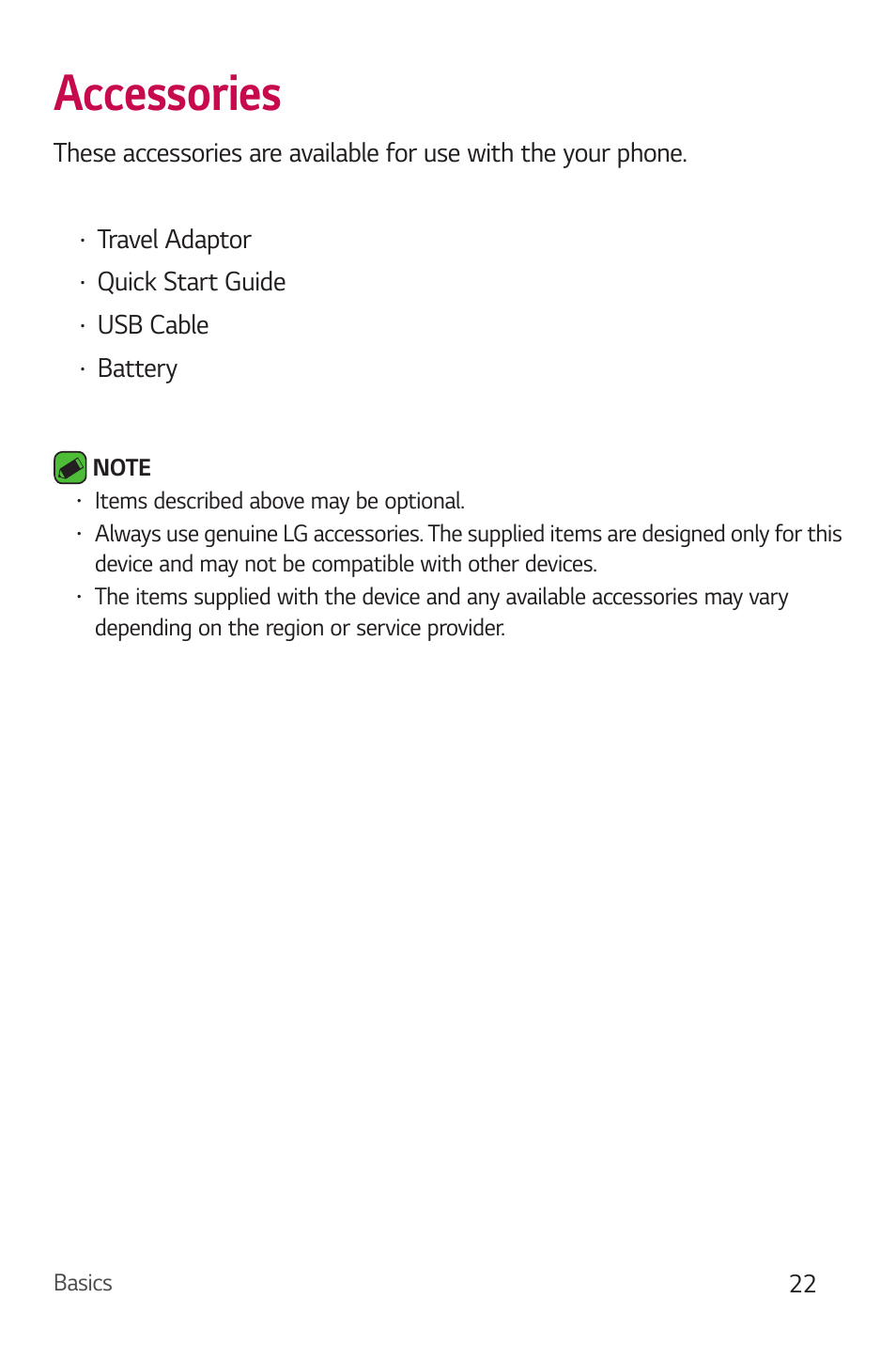 Accessories, Travel adaptor, Quick start guide | Usb cable, Battery | LG Stylo 2 Plus LG-K550 User Manual | Page 23 / 129