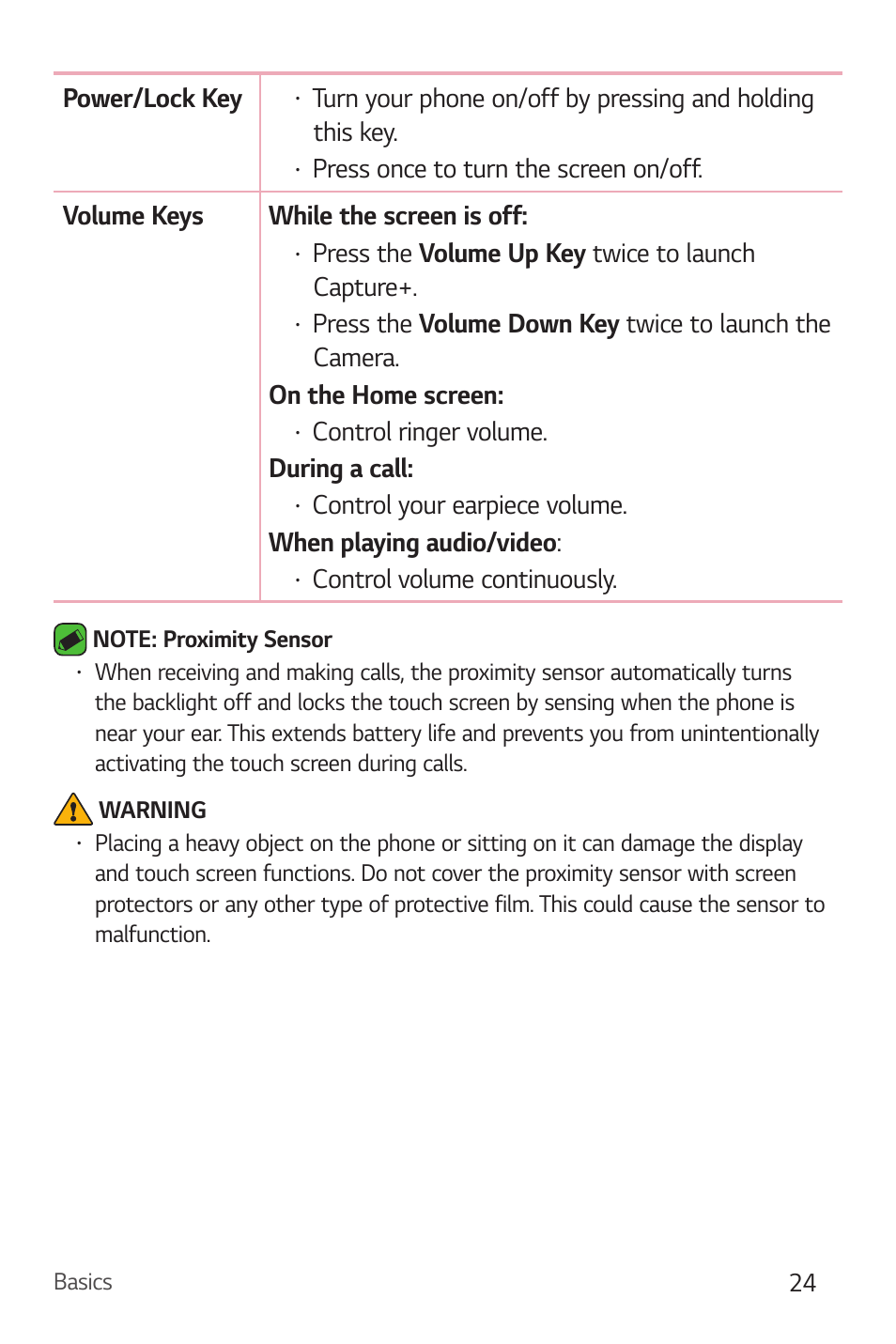 Power/lock key, Press the volume up key twice to launch capture, Control ringer volume. during a call | Control volume continuously | LG Stylo 2 Plus LG-K550 User Manual | Page 25 / 129