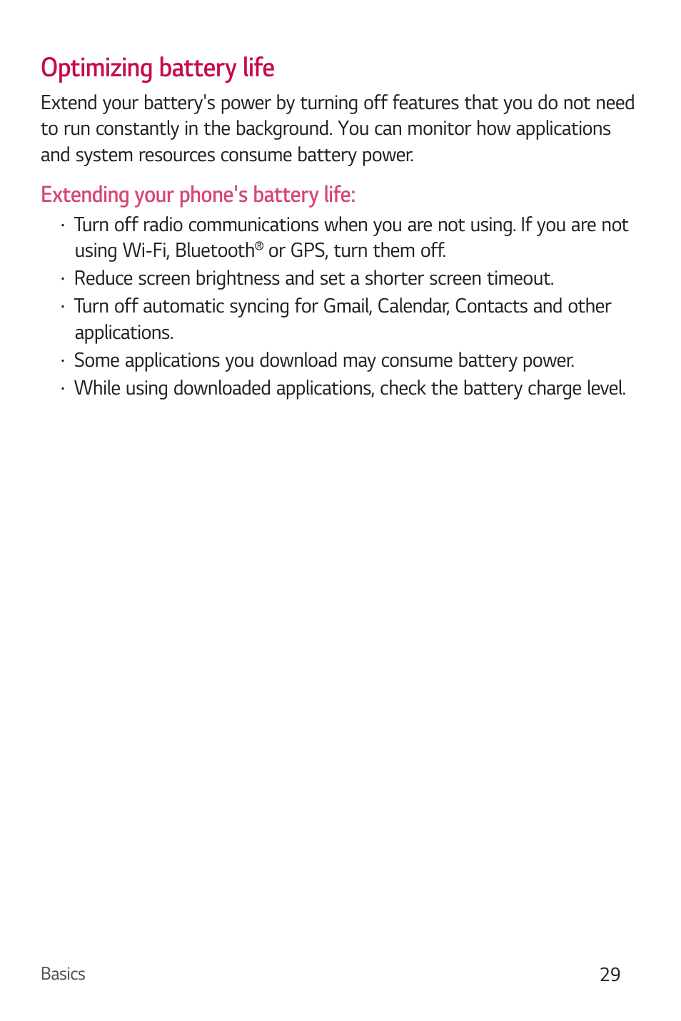 Optimizing battery life, Extending your phone's battery life | LG Stylo 2 Plus LG-K550 User Manual | Page 30 / 129