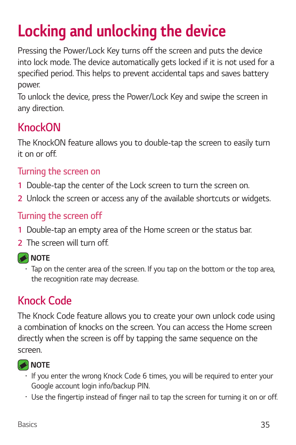 Locking and unlocking the device, Knockon, Knock code | Knockon knock code, Turning the screen on, Turning the screen off | LG Stylo 2 Plus LG-K550 User Manual | Page 36 / 129