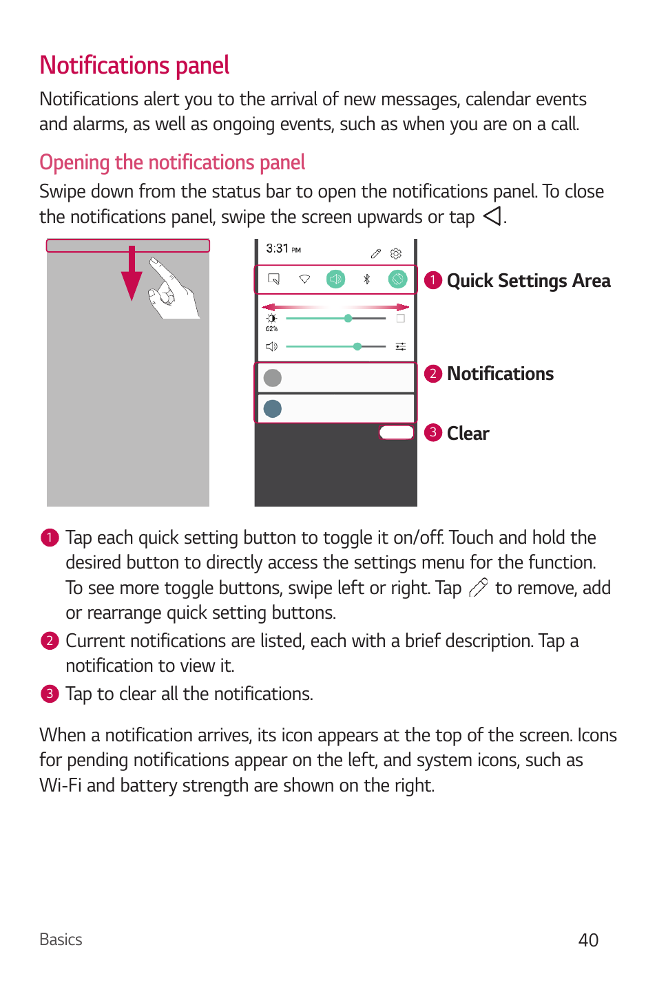 Notifications panel, Notiżcations panel, Opening the notifications panel | LG Stylo 2 Plus LG-K550 User Manual | Page 41 / 129