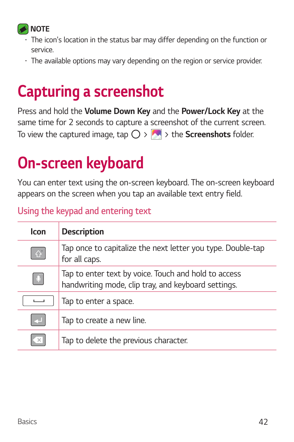 Capturing a screenshot, On-screen keyboard, Using the keypad and entering text | LG Stylo 2 Plus LG-K550 User Manual | Page 43 / 129