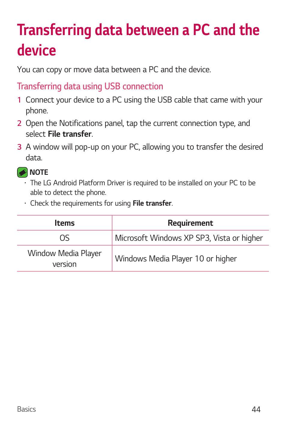 Transferring data between a pc and the device, Transferring data using usb connection | LG Stylo 2 Plus LG-K550 User Manual | Page 45 / 129