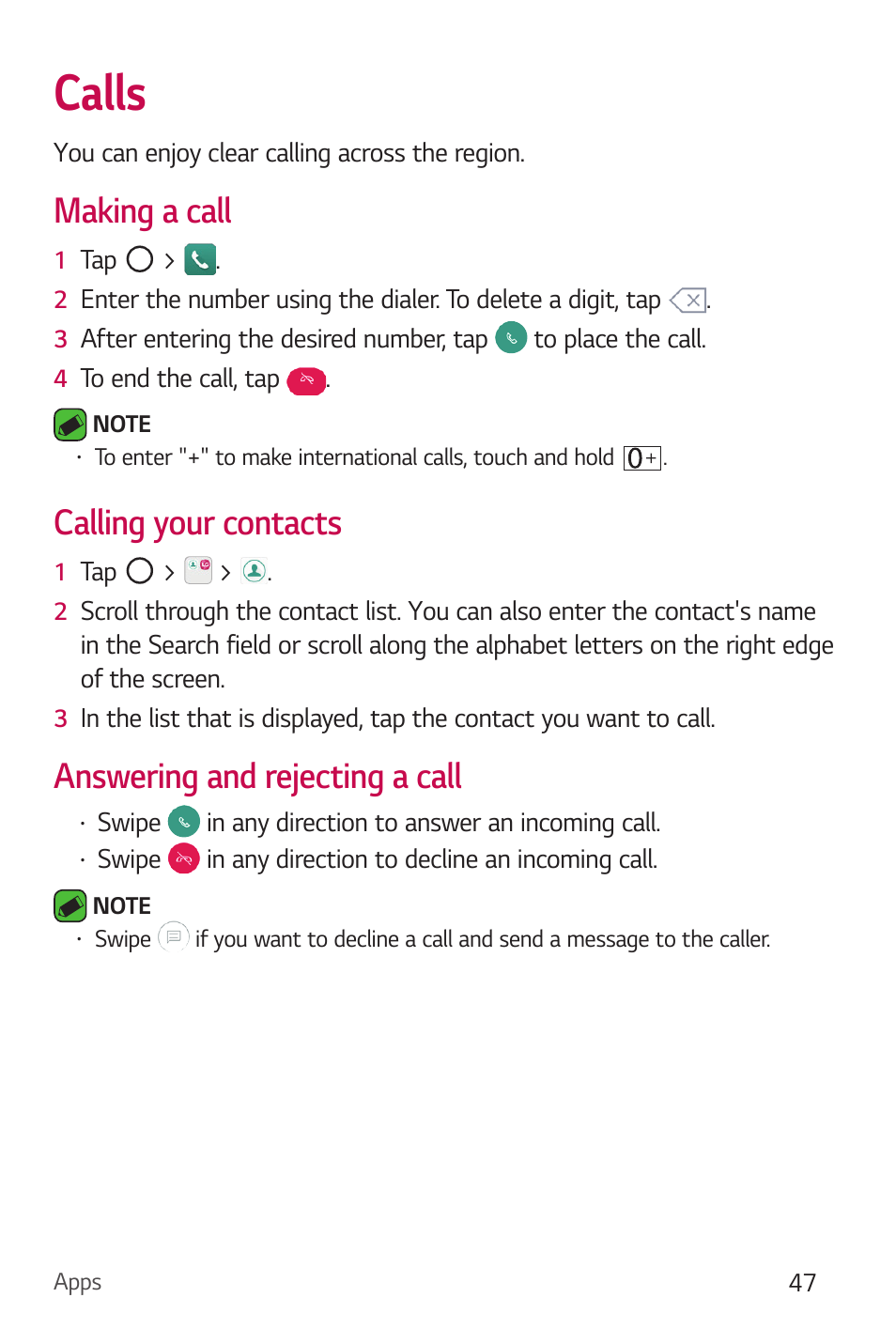 Calls, Making a call, Calling your contacts | Answering and rejecting a call | LG Stylo 2 Plus LG-K550 User Manual | Page 48 / 129