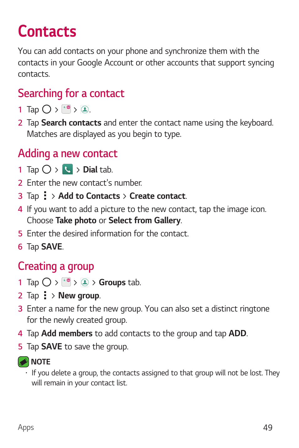 Contacts, Searching for a contact, Adding a new contact | Creating a group | LG Stylo 2 Plus LG-K550 User Manual | Page 50 / 129