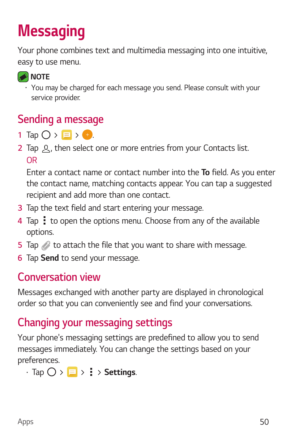 Messaging, Sending a message, Conversation view | Changing your messaging settings | LG Stylo 2 Plus LG-K550 User Manual | Page 51 / 129