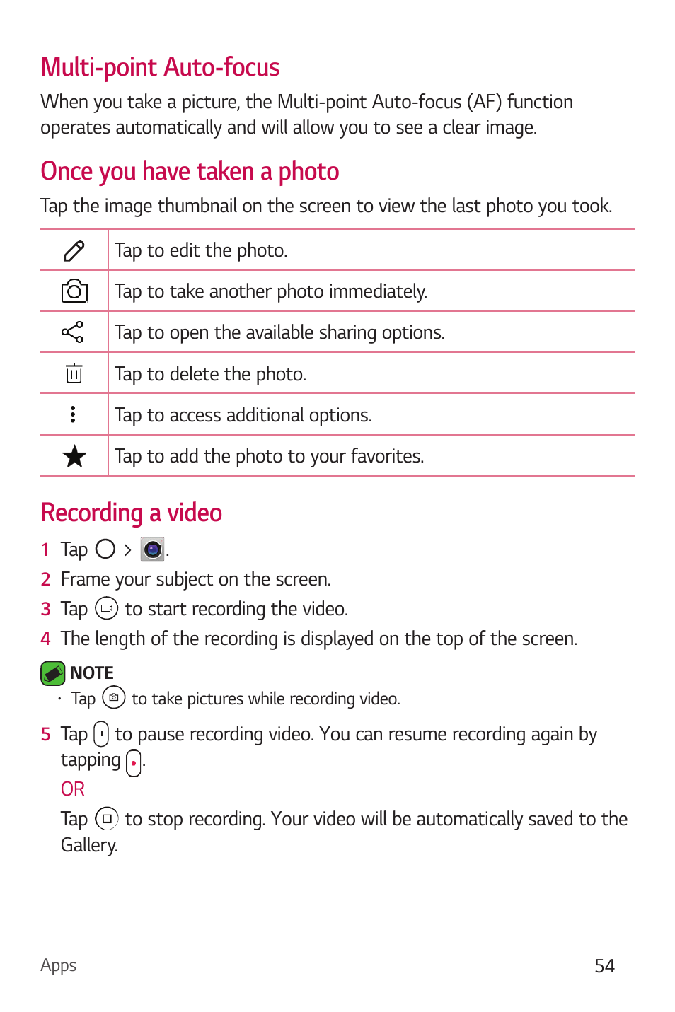 Multi-point auto-focus, Once you have taken a photo, Recording a video | LG Stylo 2 Plus LG-K550 User Manual | Page 55 / 129