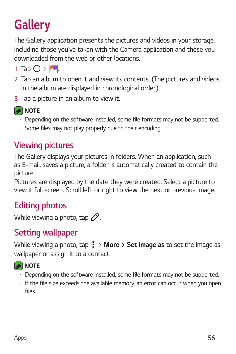 Gallery, Viewing pictures, Editing photos | Setting wallpaper, Viewing pictures editing photos setting wallpaper | LG Stylo 2 Plus LG-K550 User Manual | Page 57 / 129