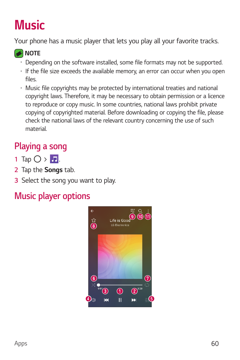 Music, Playing a song, Music player options | LG Stylo 2 Plus LG-K550 User Manual | Page 61 / 129