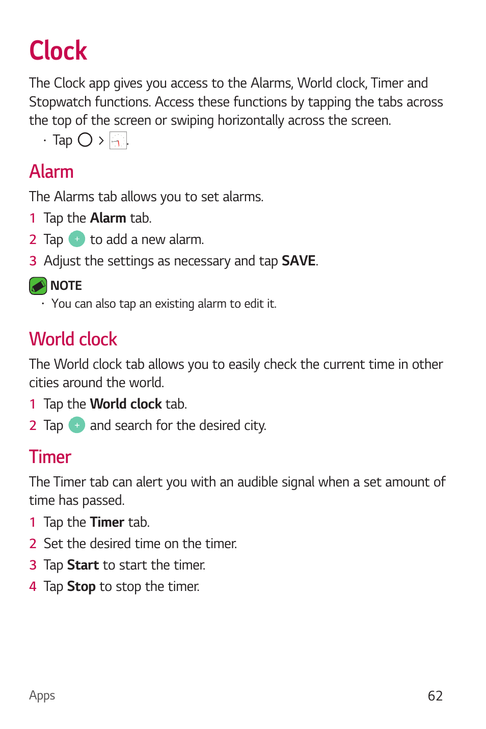 Clock, Alarm, World clock | Timer, Alarm world clock timer | LG Stylo 2 Plus LG-K550 User Manual | Page 63 / 129