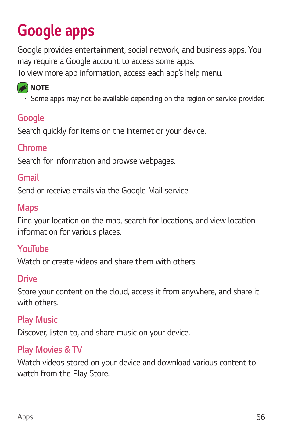 Google apps, Google, Chrome | Gmail, Maps, Youtube, Drive, Play music, Play movies & tv | LG Stylo 2 Plus LG-K550 User Manual | Page 67 / 129