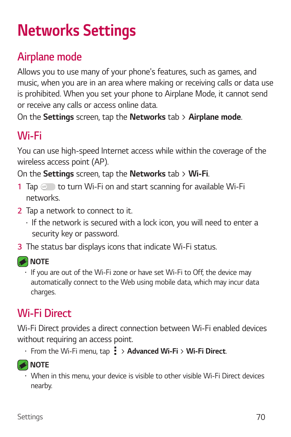 Networks settings, Airplane mode, Wi-fi | Wi-fi direct, Airplane mode wi-fi wi-fi direct | LG Stylo 2 Plus LG-K550 User Manual | Page 71 / 129