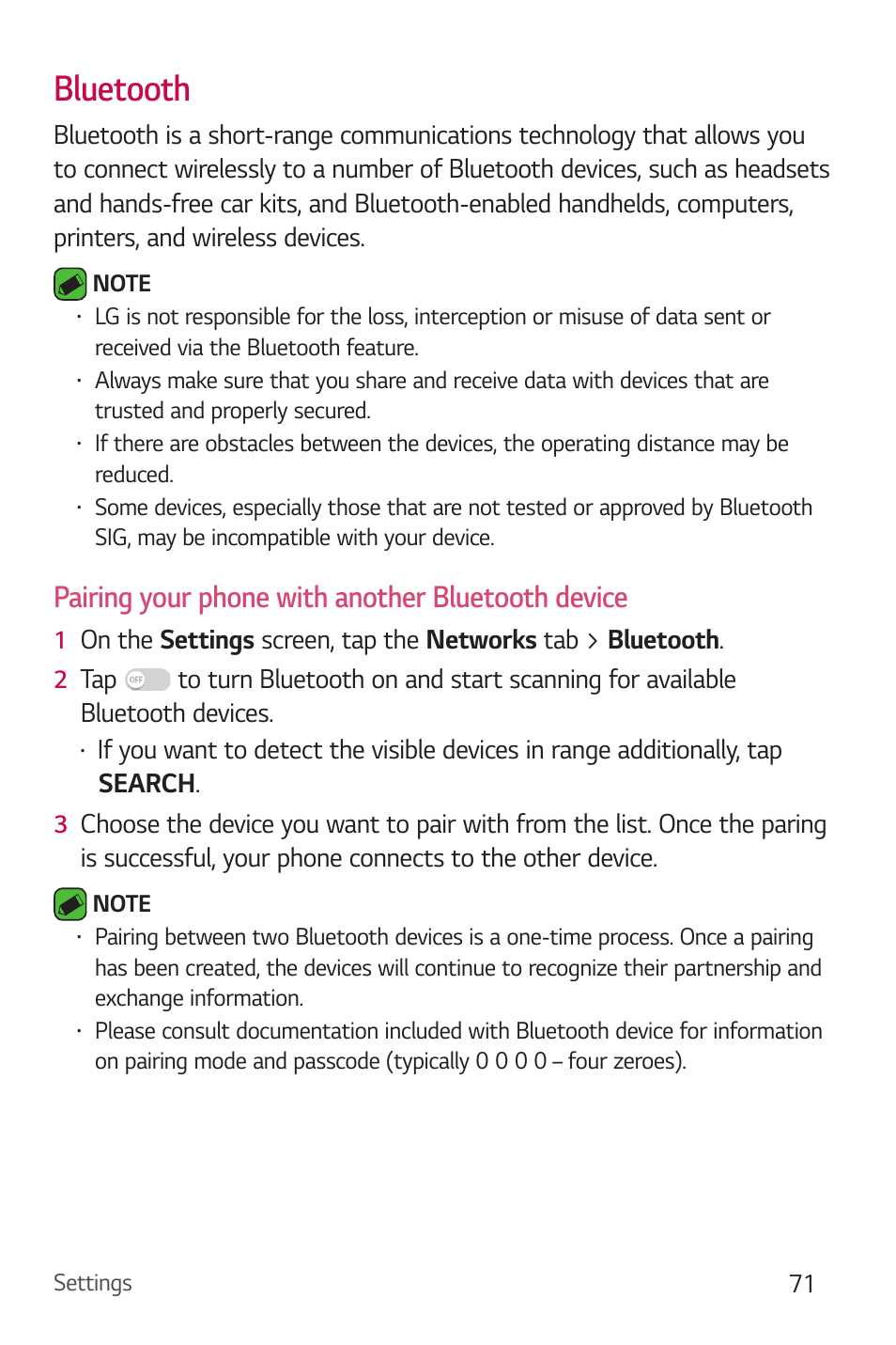 Bluetooth, Pairing your phone with another bluetooth device | LG Stylo 2 Plus LG-K550 User Manual | Page 72 / 129