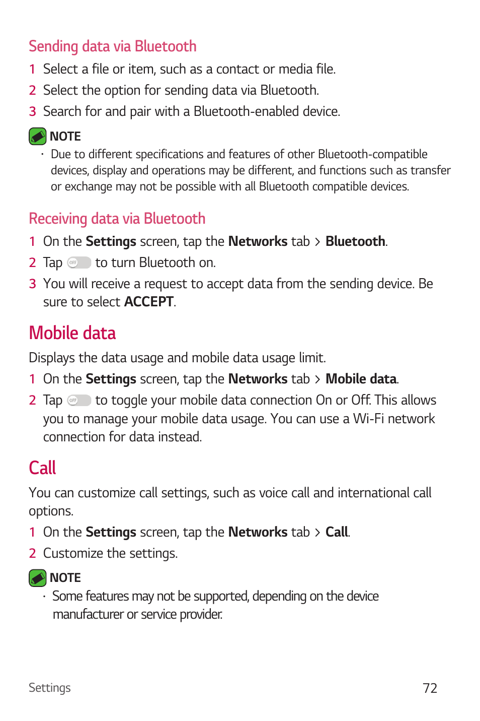 Mobile data, Call, Mobile data call | Sending data via bluetooth, Receiving data via bluetooth | LG Stylo 2 Plus LG-K550 User Manual | Page 73 / 129