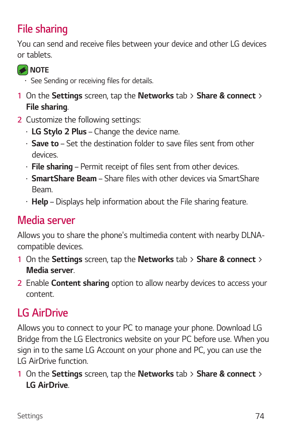 File sharing, Media server, Lg airdrive | File sharing media server lg airdrive | LG Stylo 2 Plus LG-K550 User Manual | Page 75 / 129