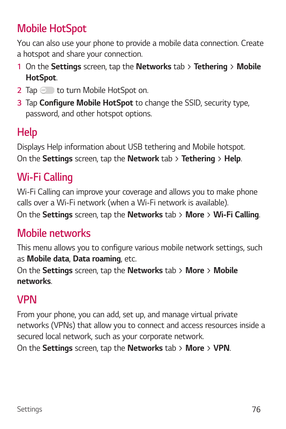 Mobile hotspot, Help, Wi-fi calling | Mobile networks | LG Stylo 2 Plus LG-K550 User Manual | Page 77 / 129