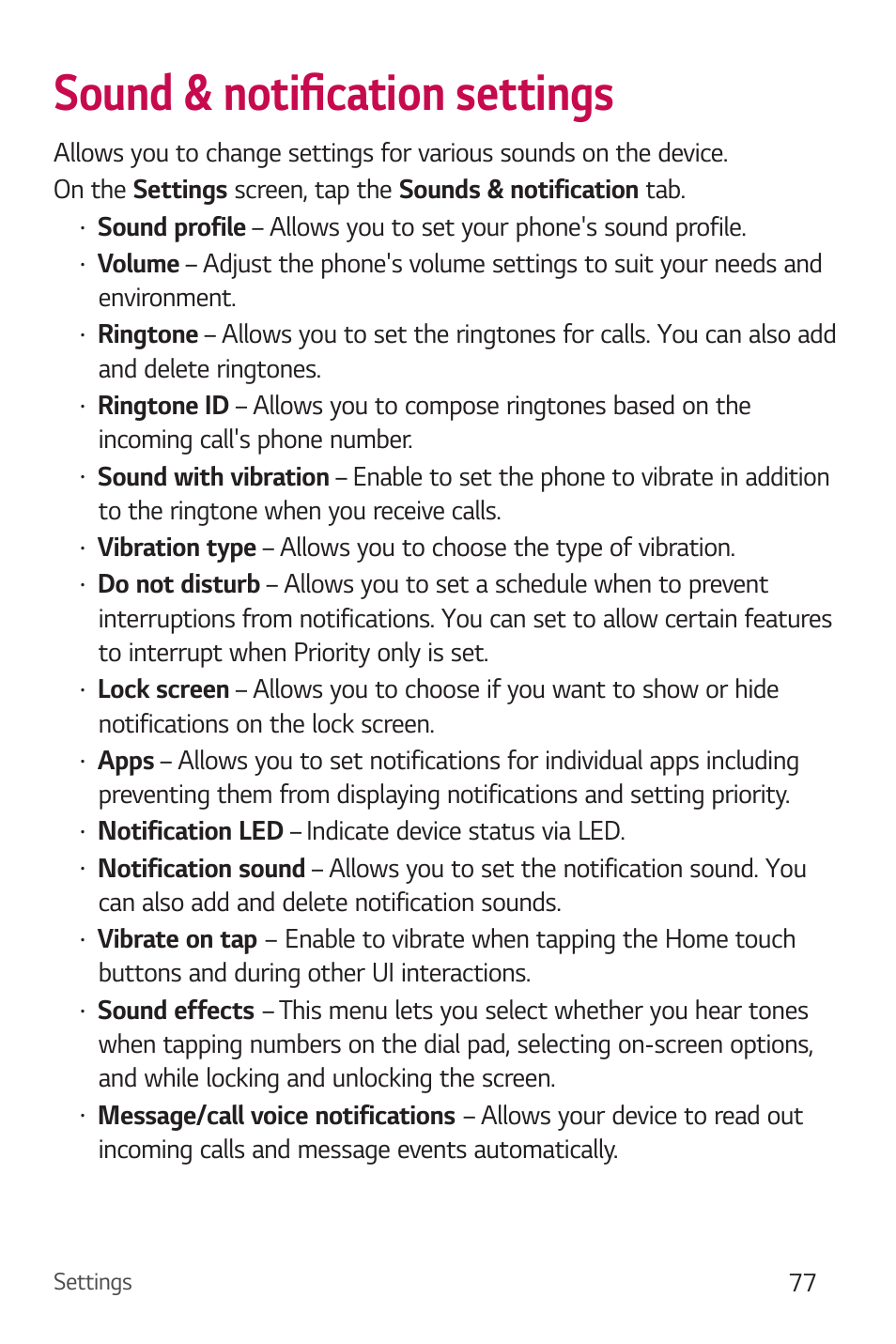 Sound & notification settings, Sound  notiżcation settings, Sound & notiżcation settings | Notification led – indicate device status via led | LG Stylo 2 Plus LG-K550 User Manual | Page 78 / 129