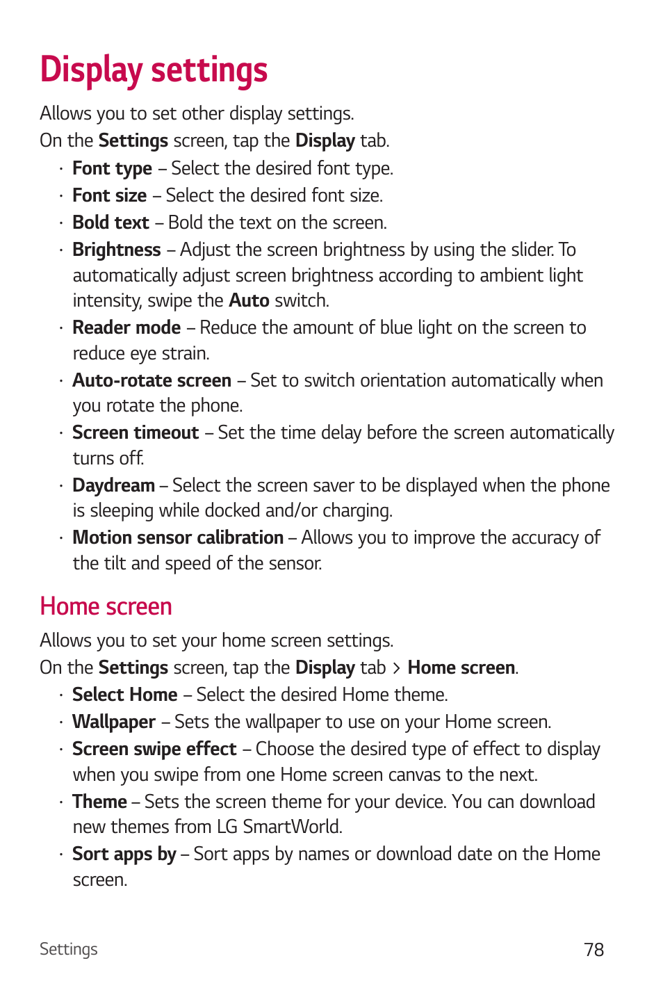 Display settings, Home screen | LG Stylo 2 Plus LG-K550 User Manual | Page 79 / 129