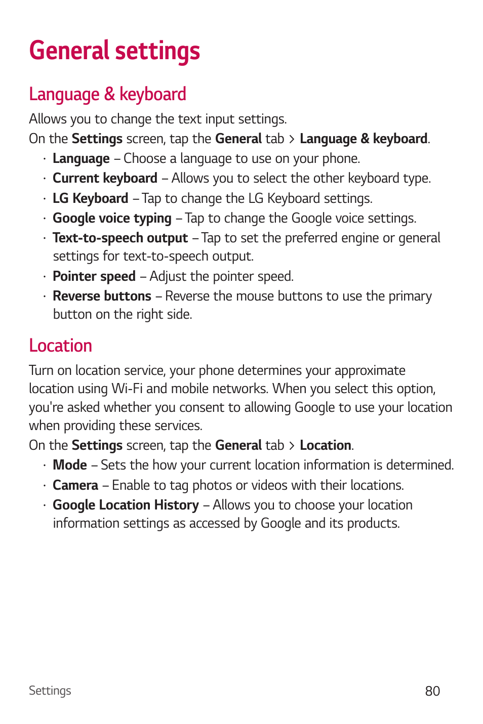 General settings, Language & keyboard, Location | Language & keyboard location | LG Stylo 2 Plus LG-K550 User Manual | Page 81 / 129