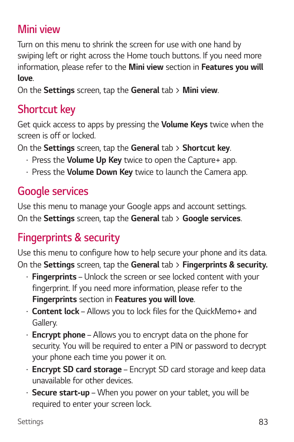 Mini view, Shortcut key, Google services | Fingerprints & security | LG Stylo 2 Plus LG-K550 User Manual | Page 84 / 129