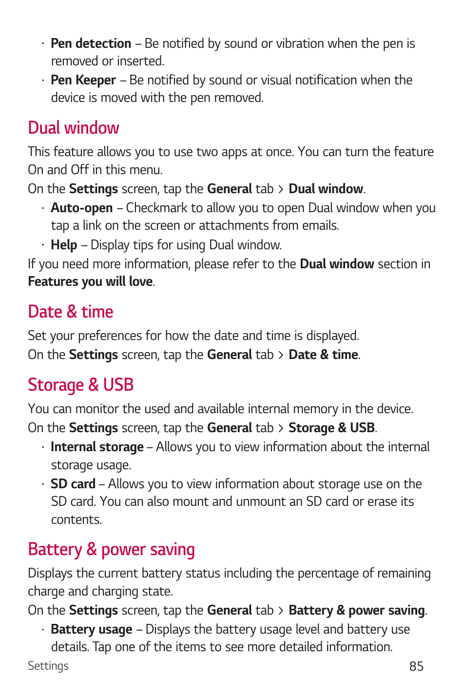 Dual window, Date & time, Storage & usb | Battery & power saving | LG Stylo 2 Plus LG-K550 User Manual | Page 86 / 129