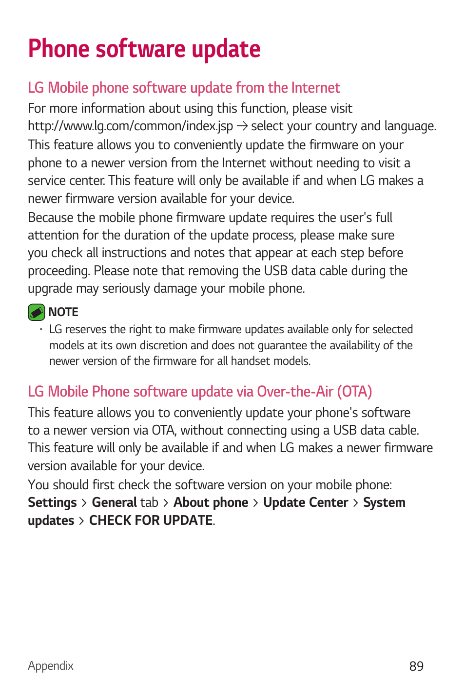 Phone software update, Lg mobile phone software update from the internet | LG Stylo 2 Plus LG-K550 User Manual | Page 90 / 129