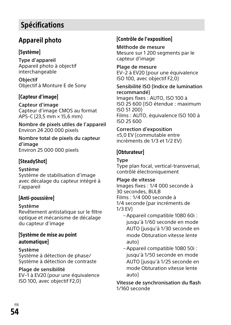 Spécifications, Appareil photo | Sony α6500 ILCE-6500 User Manual | Page 108 / 507