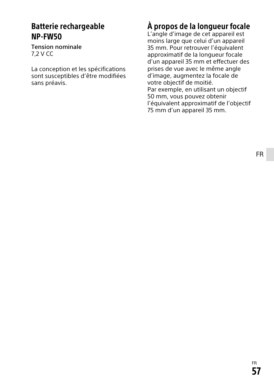 Batterie rechargeable np-fw50, À propos de la longueur focale | Sony α6500 ILCE-6500 User Manual | Page 111 / 507