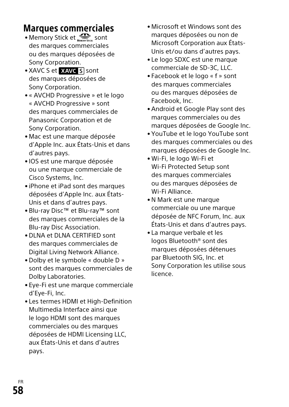 Marques commerciales | Sony α6500 ILCE-6500 User Manual | Page 112 / 507