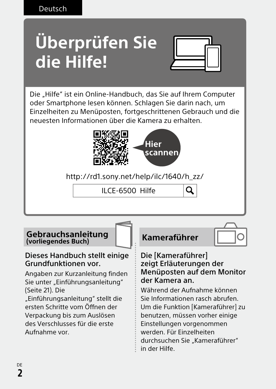 Deutsch, Überprüfen sie die hilfe | Sony α6500 ILCE-6500 User Manual | Page 114 / 507