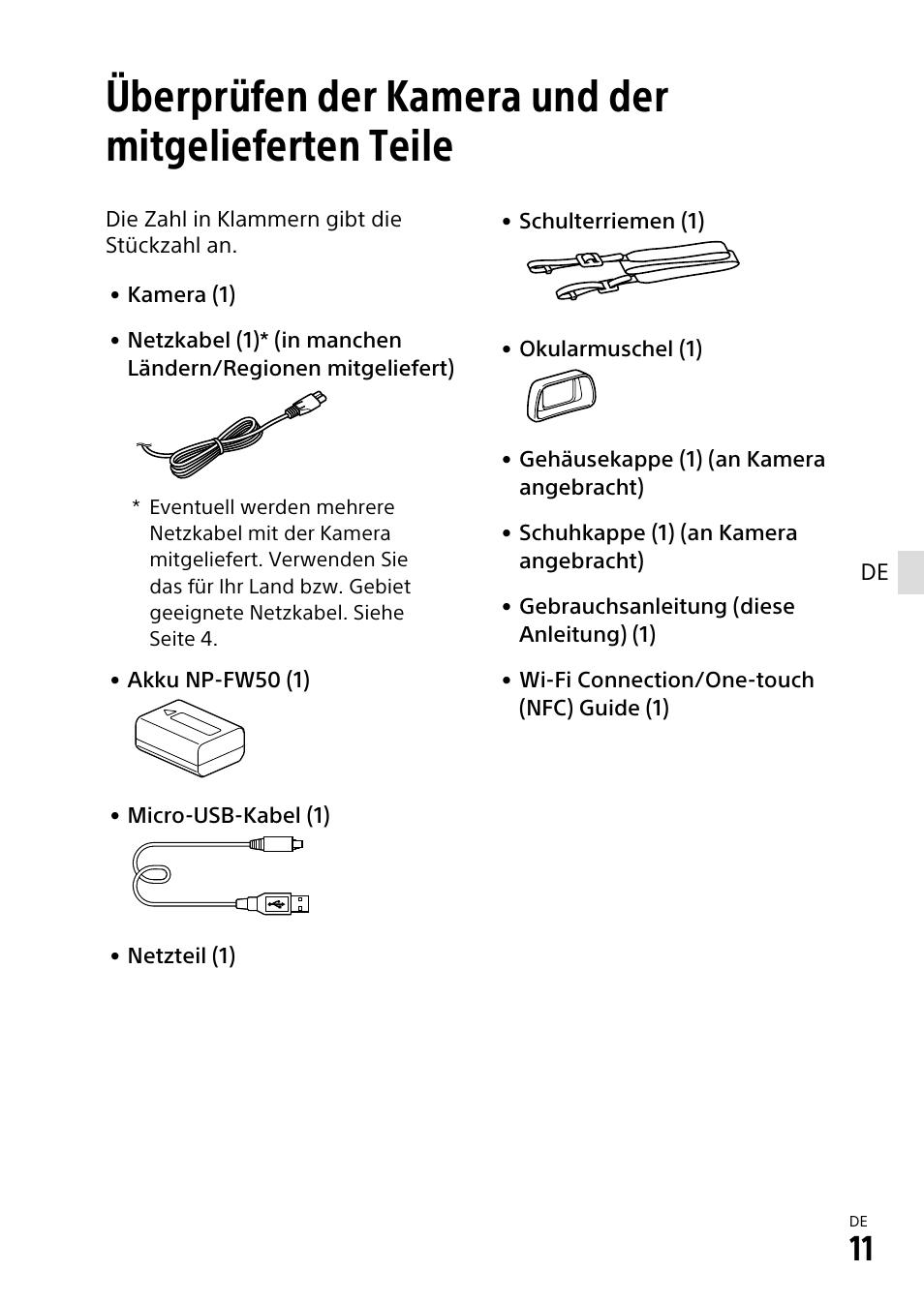 Überprüfen der kamera und der mitgelieferten teile | Sony α6500 ILCE-6500 User Manual | Page 123 / 507