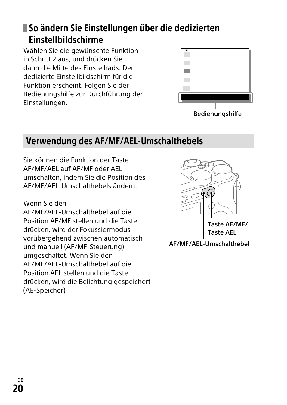 Verwendung des af/mf/ael-umschalthebels | Sony α6500 ILCE-6500 User Manual | Page 132 / 507