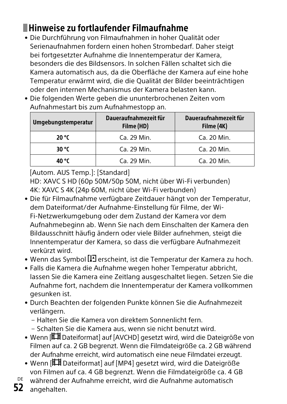 Hinweise zu fortlaufender filmaufnahme | Sony α6500 ILCE-6500 User Manual | Page 164 / 507