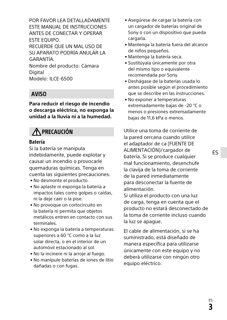 Aviso, Precaución | Sony α6500 ILCE-6500 User Manual | Page 173 / 507