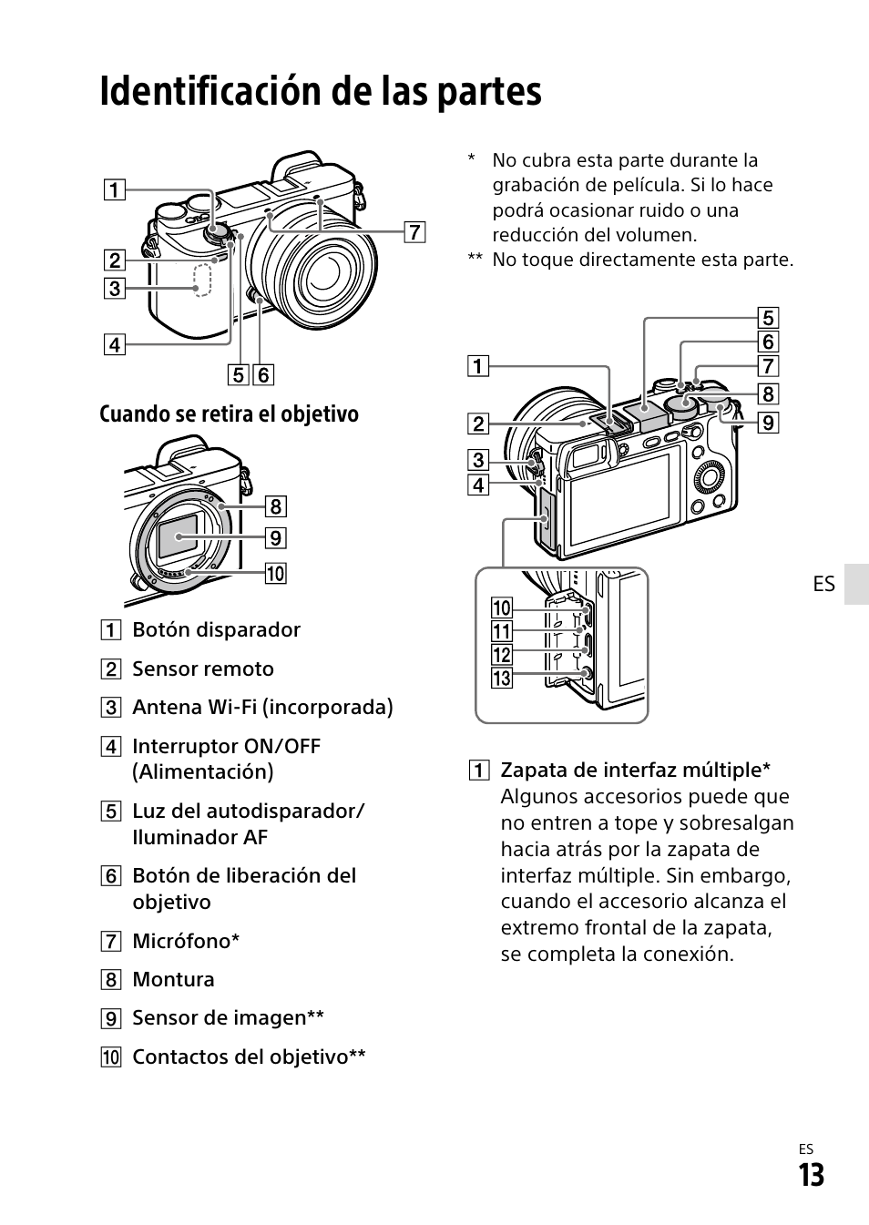 Identificación de las partes | Sony α6500 ILCE-6500 User Manual | Page 183 / 507