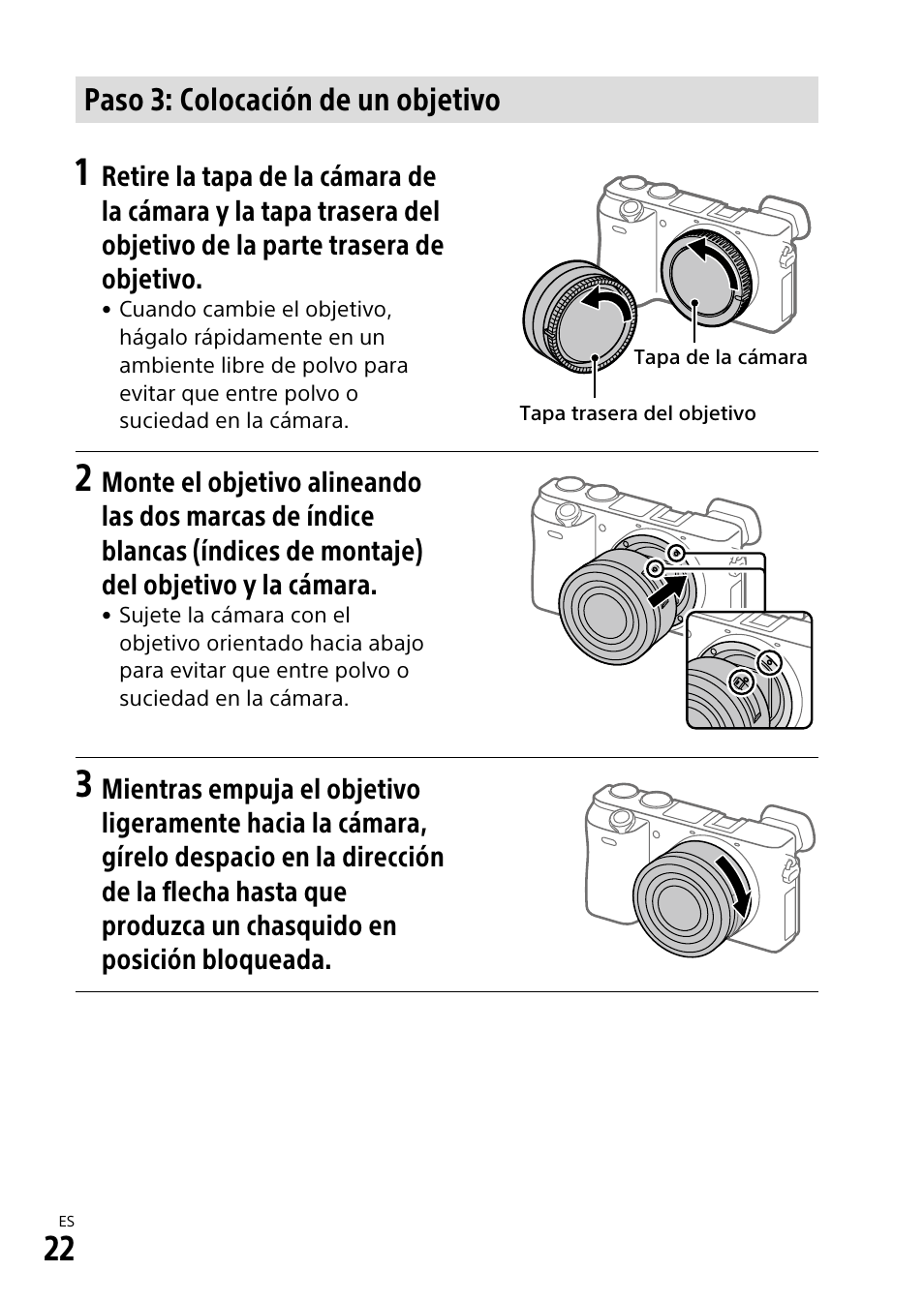 Paso 3: colocación de un objetivo | Sony α6500 ILCE-6500 User Manual | Page 192 / 507