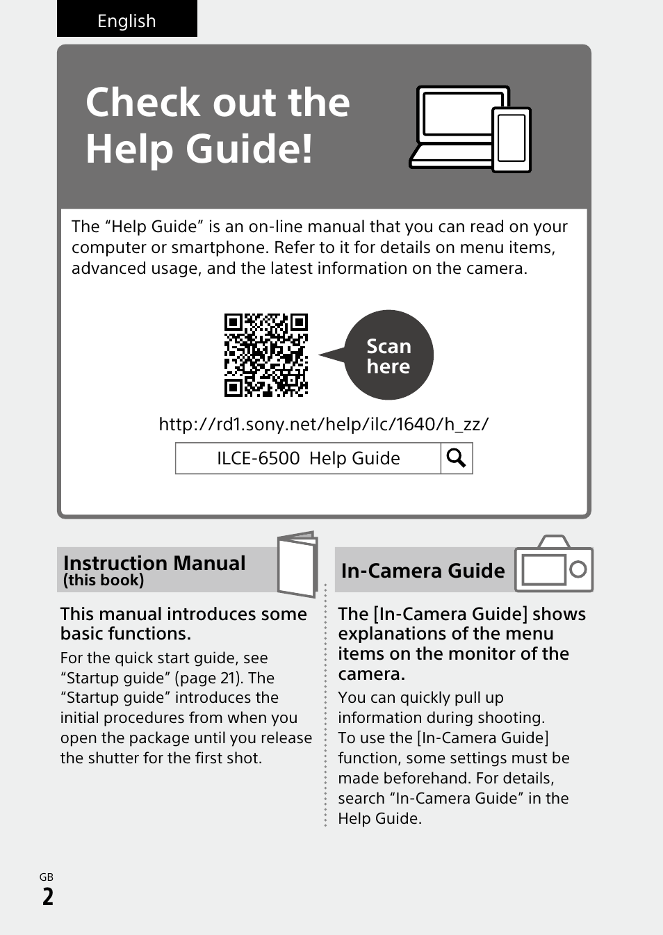 English, Check out the help guide | Sony α6500 ILCE-6500 User Manual | Page 2 / 507