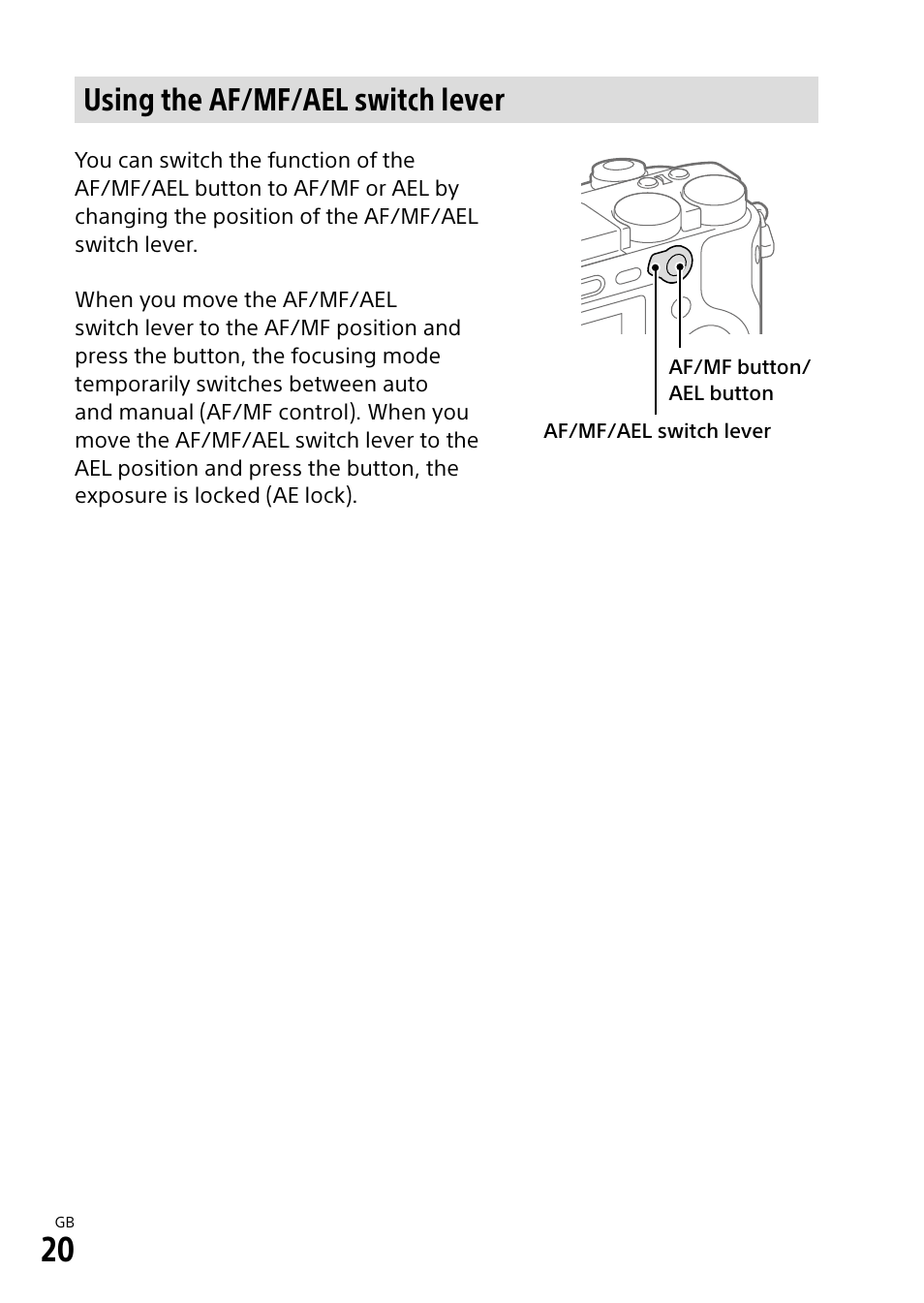 Using the af/mf/ael switch lever | Sony α6500 ILCE-6500 User Manual | Page 20 / 507