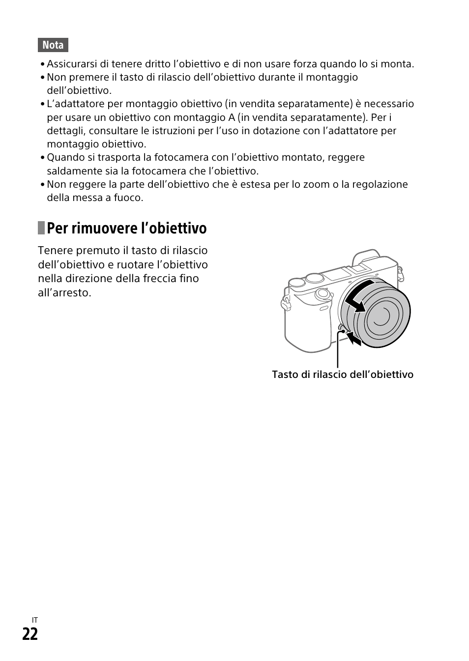 Per rimuovere l’obiettivo | Sony α6500 ILCE-6500 User Manual | Page 224 / 507