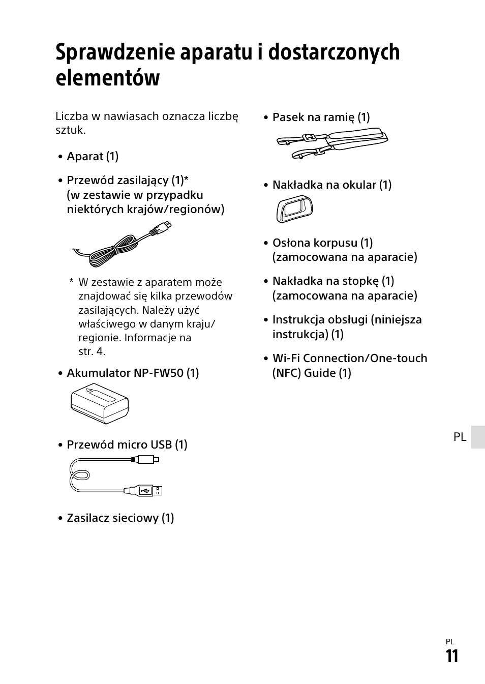 Sprawdzenie aparatu i dostarczonych elementów | Sony α6500 ILCE-6500 User Manual | Page 305 / 507