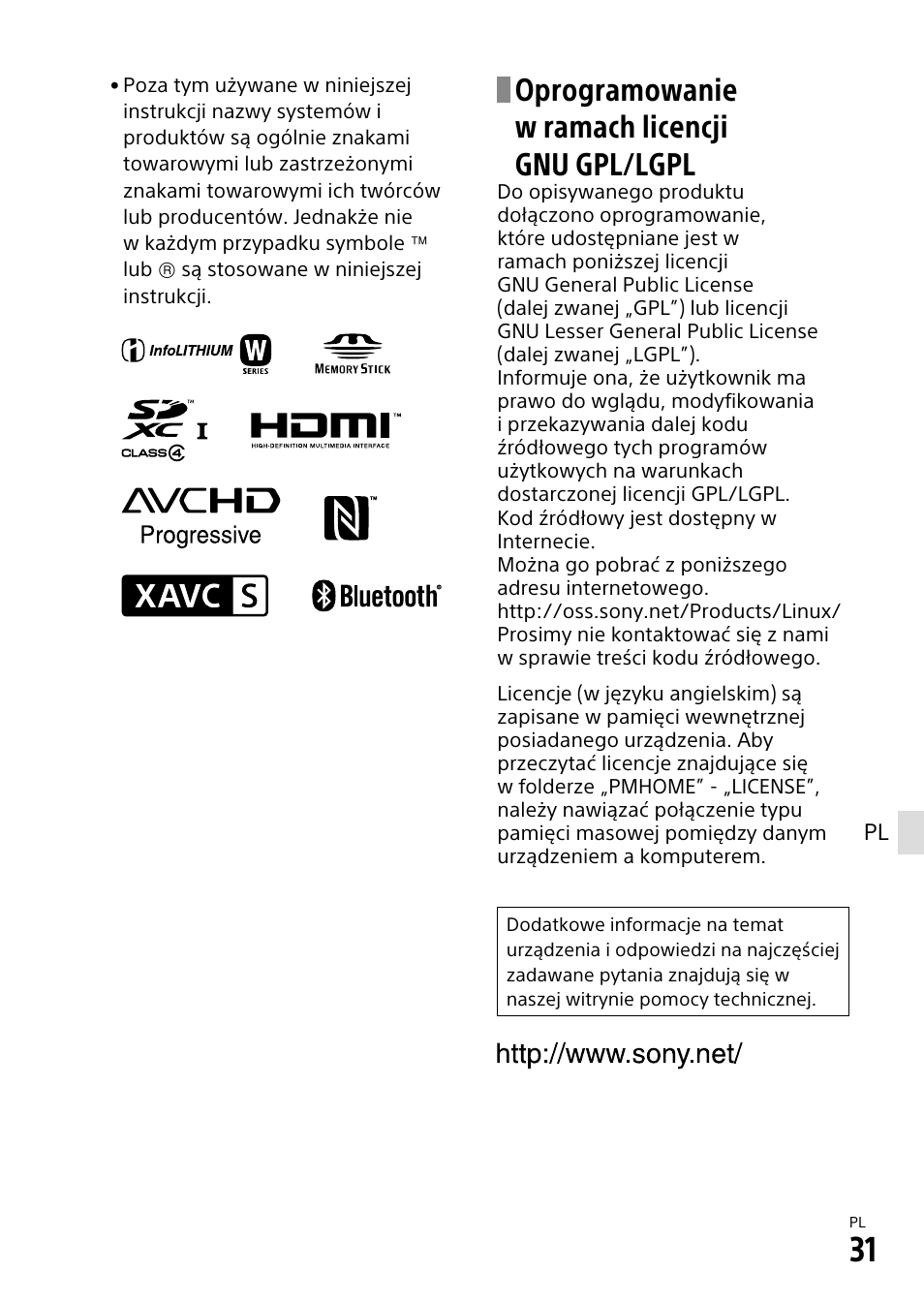 Oprogramowanie w ramach licencji gnu gpl/lgpl | Sony α6500 ILCE-6500 User Manual | Page 325 / 507