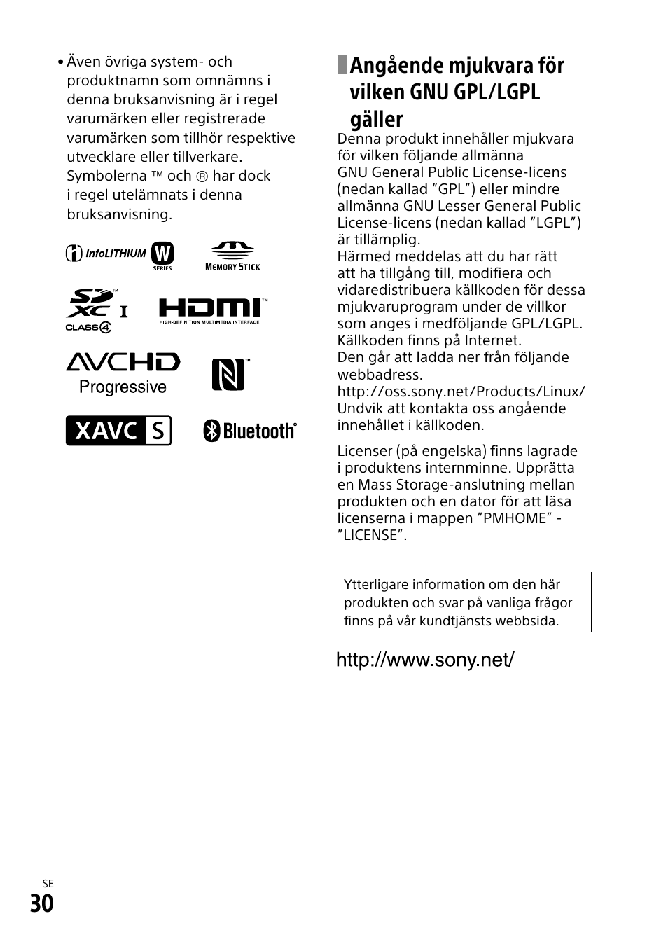 Angående mjukvara för vilken gnu gpl/lgpl gäller | Sony α6500 ILCE-6500 User Manual | Page 416 / 507