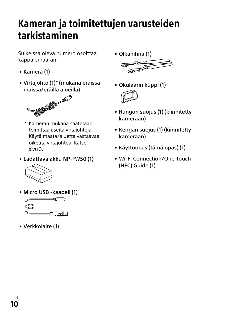 Kameran ja toimitettujen varusteiden tarkistaminen | Sony α6500 ILCE-6500 User Manual | Page 426 / 507