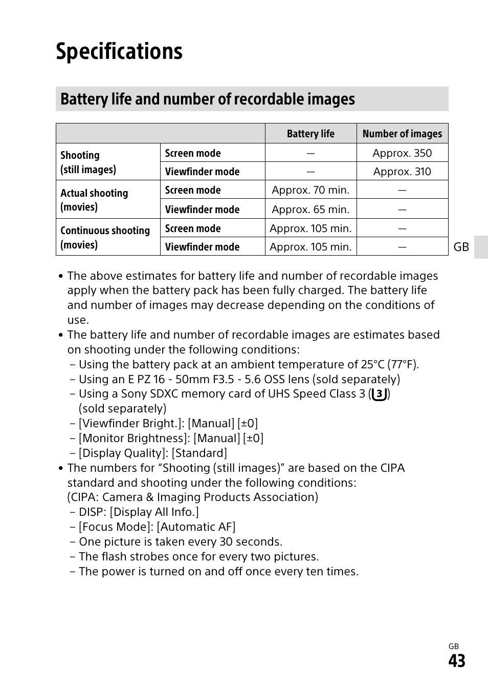 Specifications, Battery life and number of recordable images | Sony α6500 ILCE-6500 User Manual | Page 43 / 507