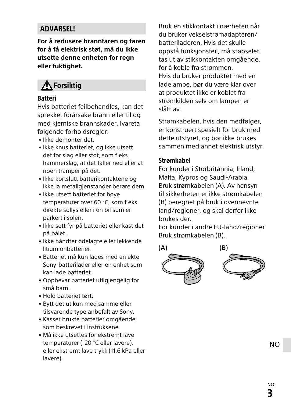 Advarsel, Forsiktig | Sony α6500 ILCE-6500 User Manual | Page 449 / 507