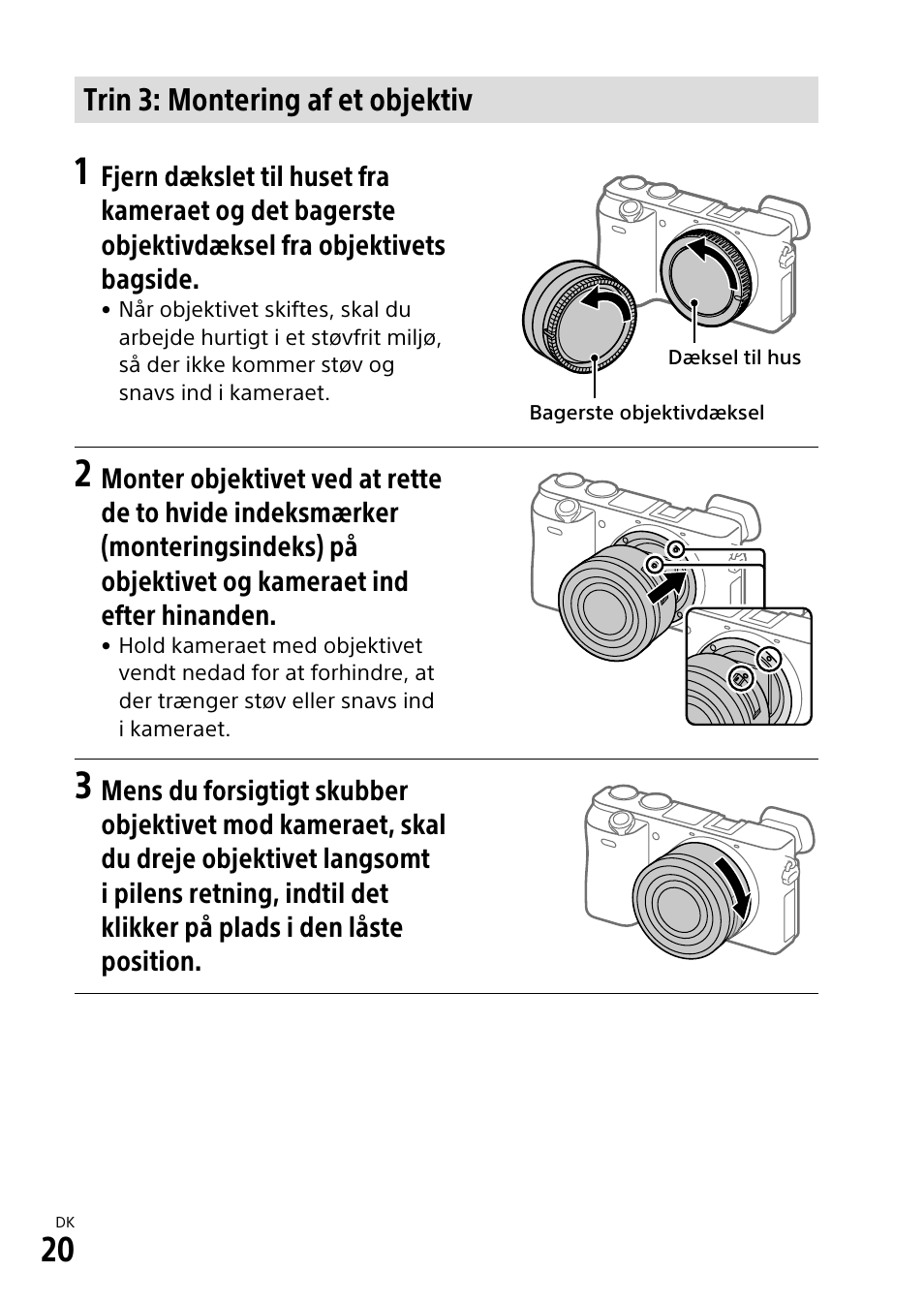 Trin 3: montering af et objektiv | Sony α6500 ILCE-6500 User Manual | Page 496 / 507