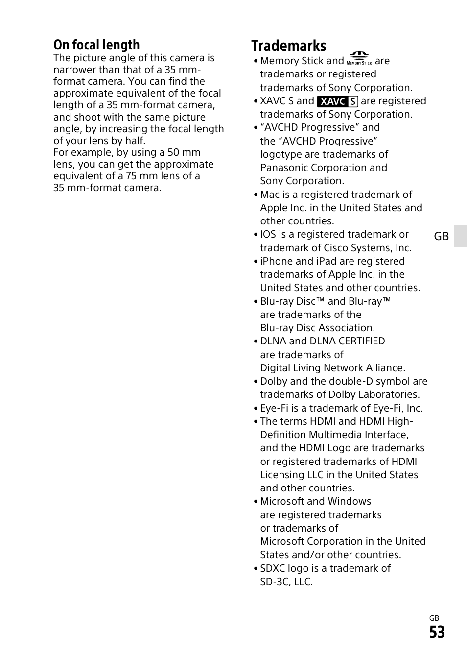 Trademarks, On focal length | Sony α6500 ILCE-6500 User Manual | Page 53 / 507