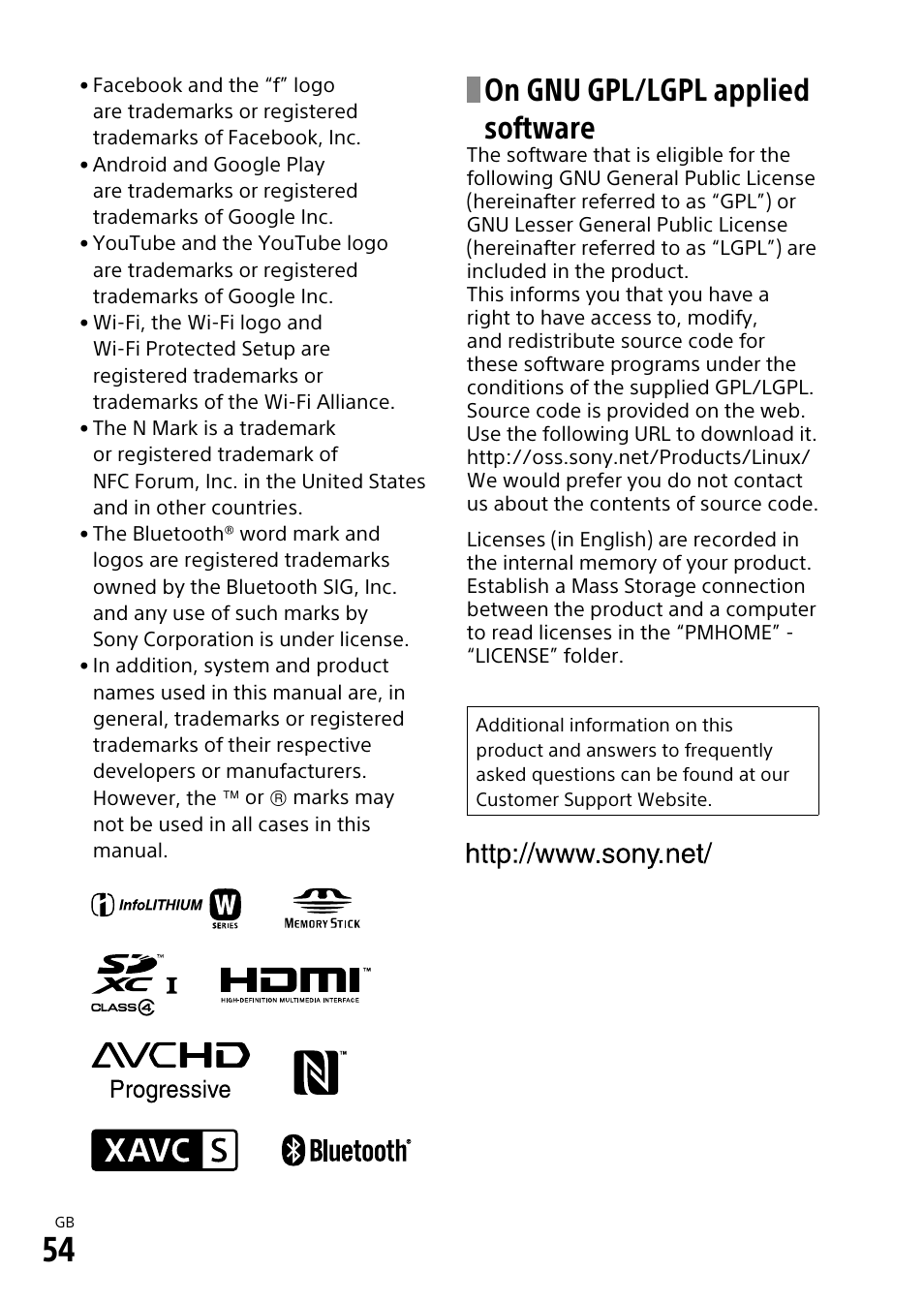 On gnu gpl/lgpl applied software | Sony α6500 ILCE-6500 User Manual | Page 54 / 507