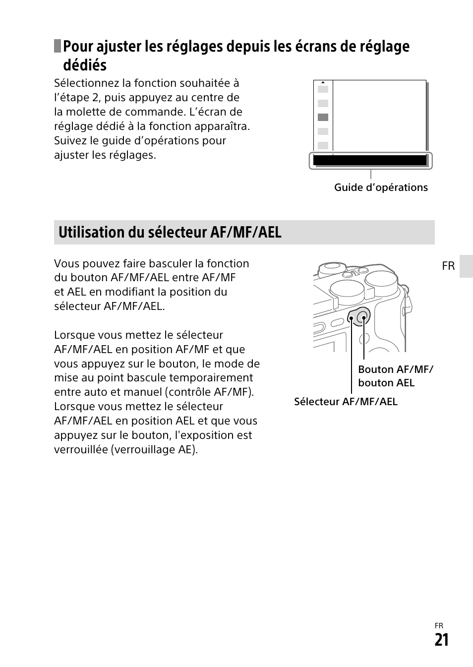 Utilisation du sélecteur af/mf/ael | Sony α6500 ILCE-6500 User Manual | Page 75 / 507